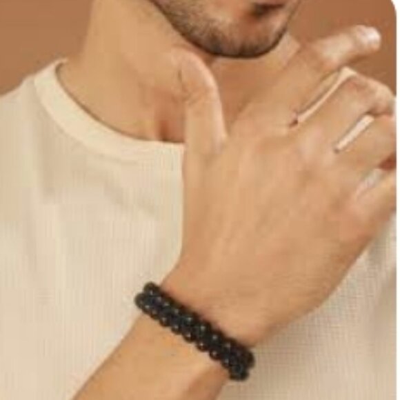 Men's Striking black natural Obsidian Bead Stretch Bracelet - Picture 7 of 7